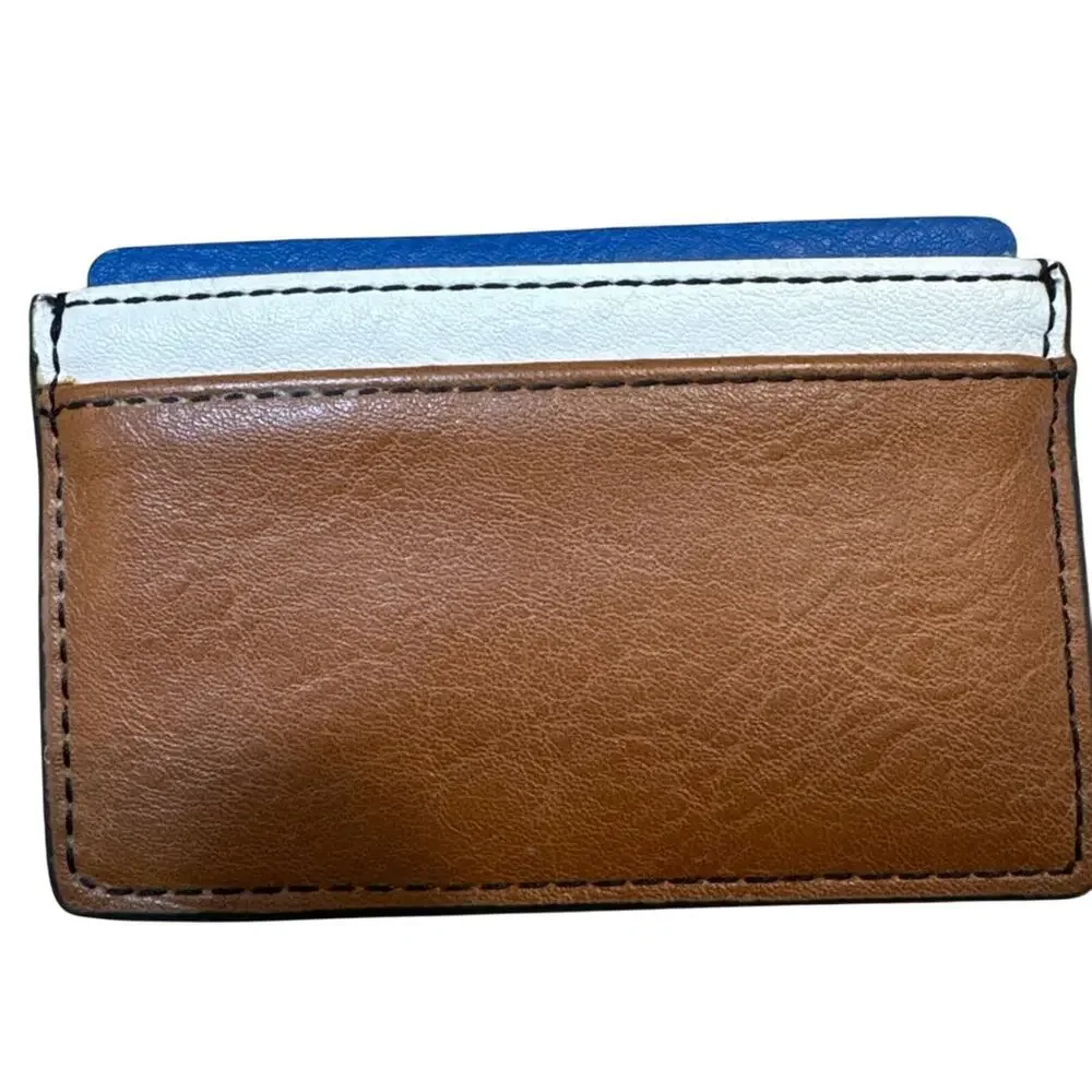 Fossil Leather 4 card Slot WALLET BROWN / White/Blue classic stitching‎